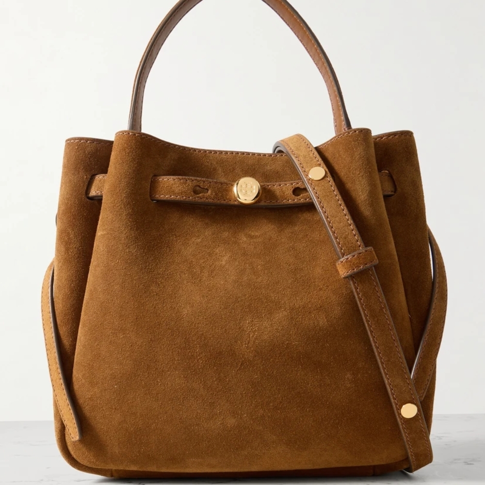 Tory Burch Leather Purse Brown Genuine Suede Bucket Crossbody Bag - Picture 3 of 11